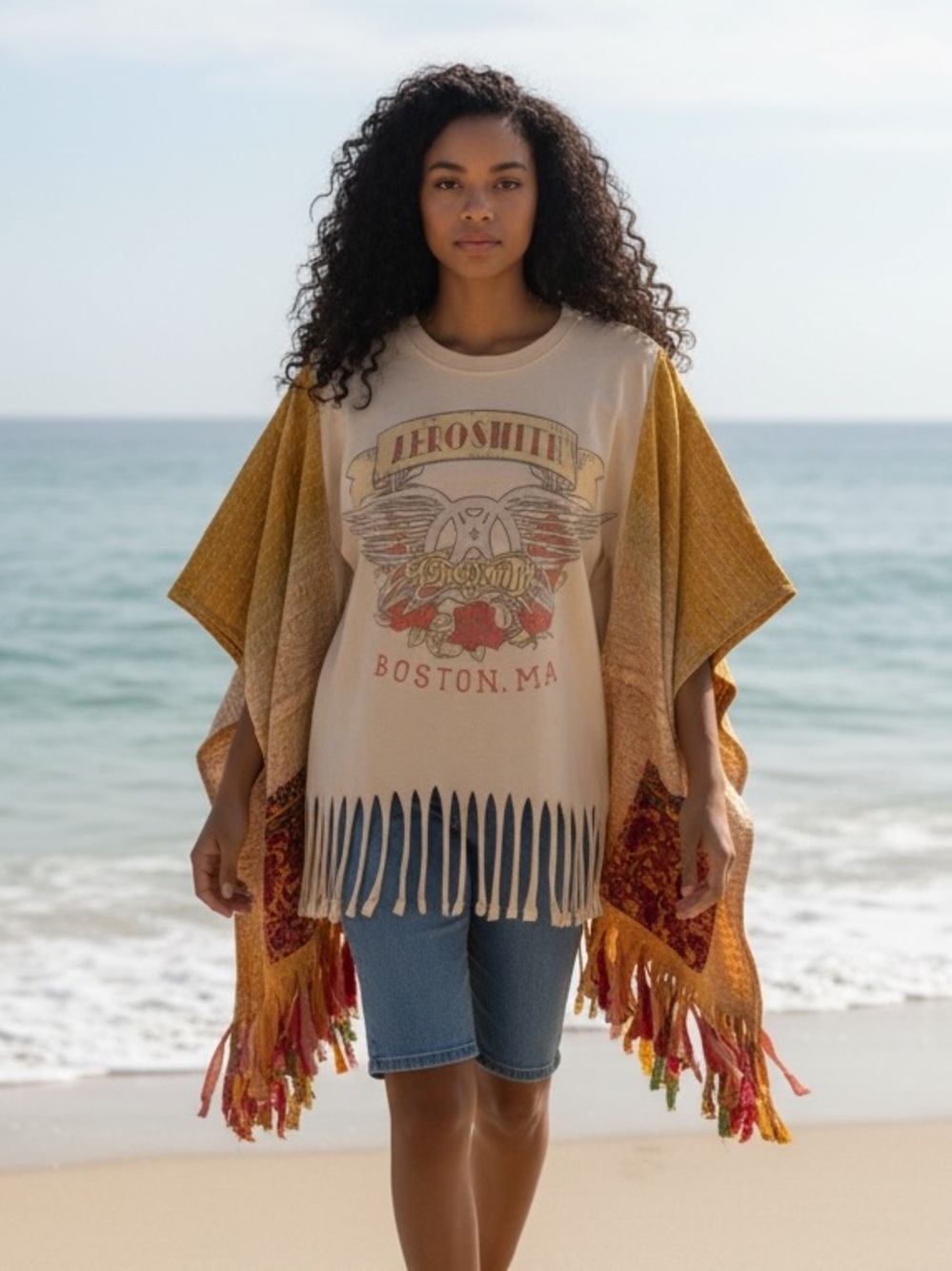 AEROSMITH Oversized Poncho-Style Top w FRINGE Handmade One of a Kind BOHO